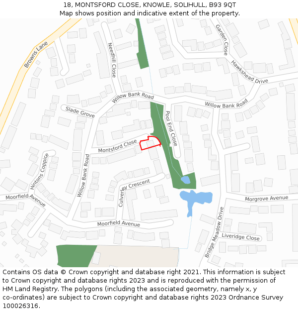 18, MONTSFORD CLOSE, KNOWLE, SOLIHULL, B93 9QT: Location map and indicative extent of plot
