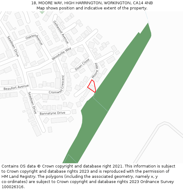 18, MOORE WAY, HIGH HARRINGTON, WORKINGTON, CA14 4NB: Location map and indicative extent of plot