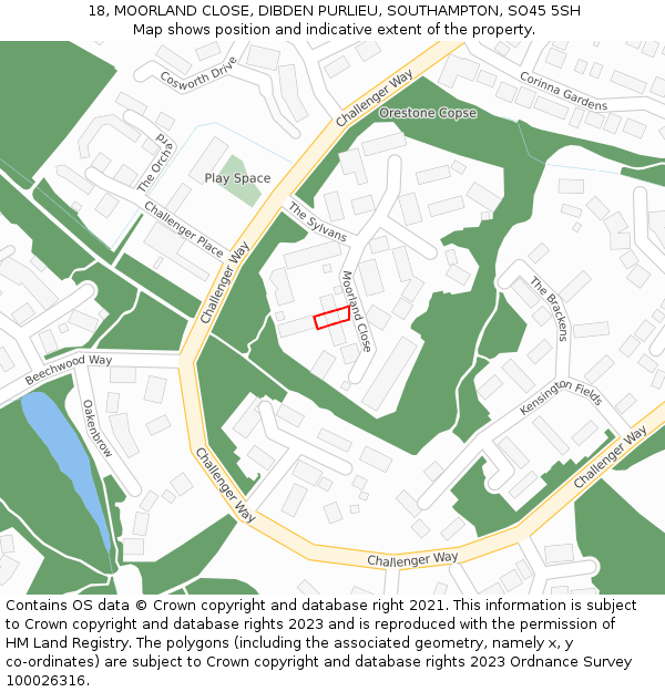 18, MOORLAND CLOSE, DIBDEN PURLIEU, SOUTHAMPTON, SO45 5SH: Location map and indicative extent of plot