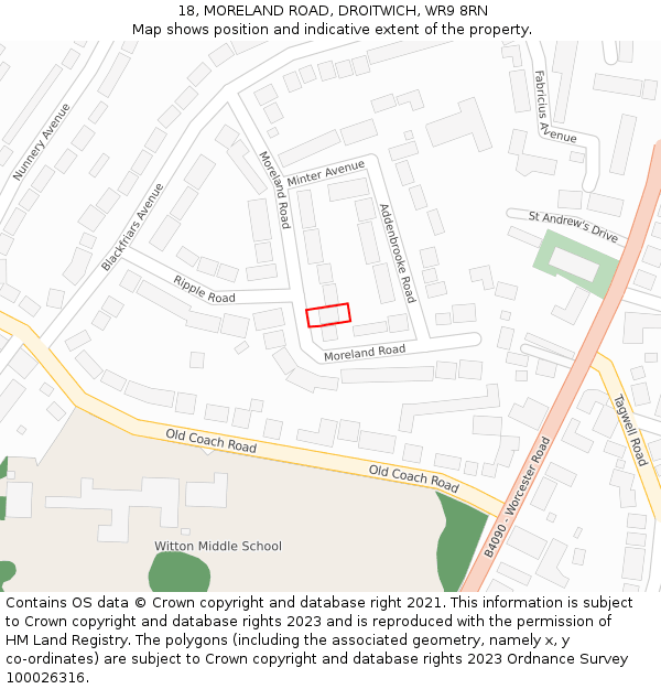 18, MORELAND ROAD, DROITWICH, WR9 8RN: Location map and indicative extent of plot