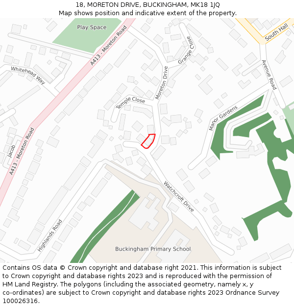 18, MORETON DRIVE, BUCKINGHAM, MK18 1JQ: Location map and indicative extent of plot