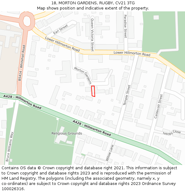 18, MORTON GARDENS, RUGBY, CV21 3TG: Location map and indicative extent of plot