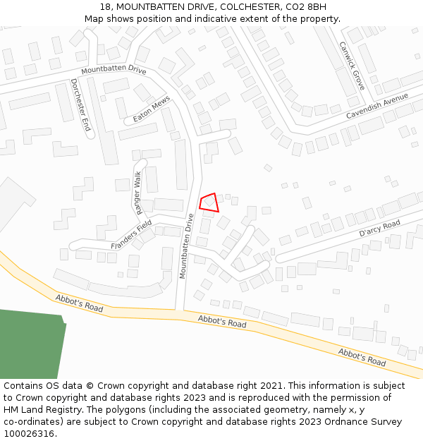 18, MOUNTBATTEN DRIVE, COLCHESTER, CO2 8BH: Location map and indicative extent of plot