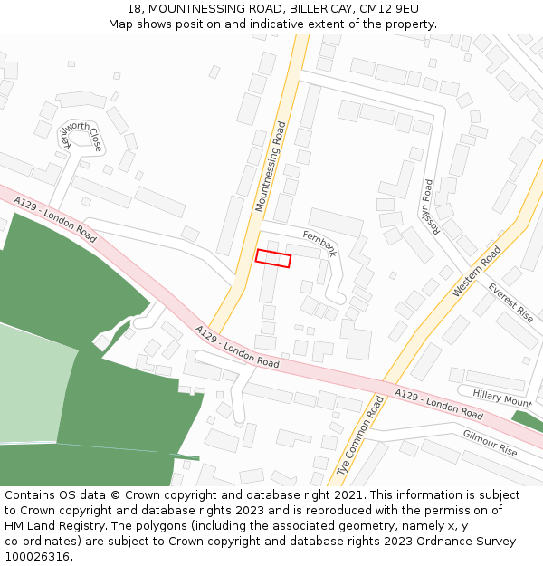 18, MOUNTNESSING ROAD, BILLERICAY, CM12 9EU: Location map and indicative extent of plot