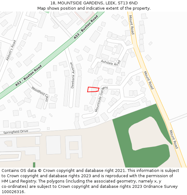 18, MOUNTSIDE GARDENS, LEEK, ST13 6ND: Location map and indicative extent of plot