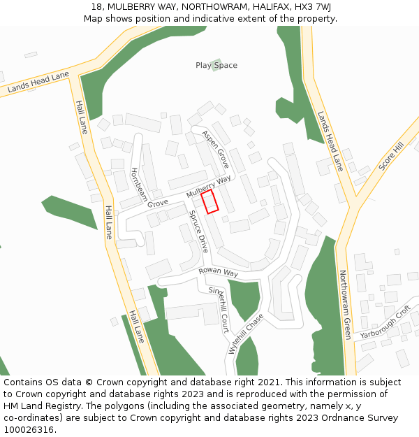 18, MULBERRY WAY, NORTHOWRAM, HALIFAX, HX3 7WJ: Location map and indicative extent of plot