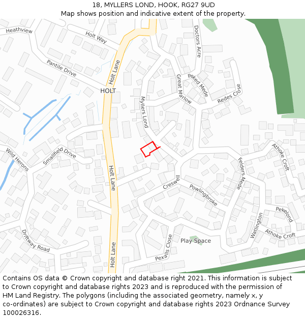 18, MYLLERS LOND, HOOK, RG27 9UD: Location map and indicative extent of plot