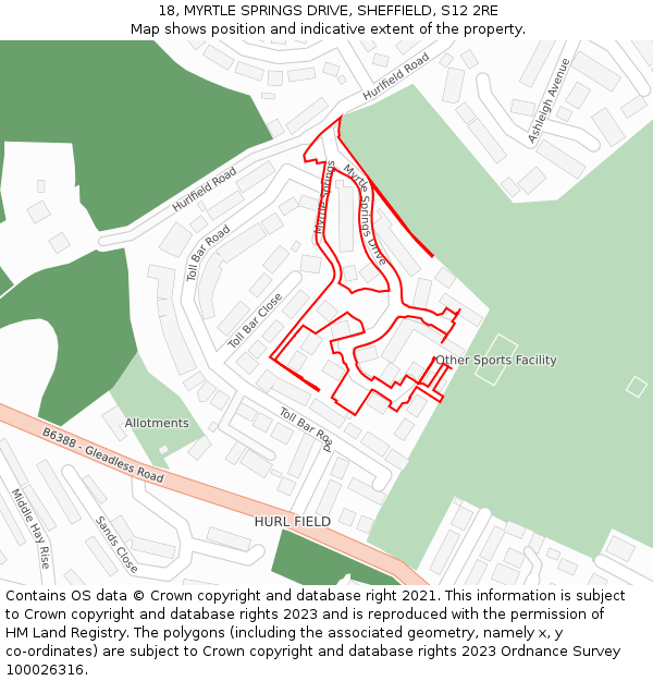 18, MYRTLE SPRINGS DRIVE, SHEFFIELD, S12 2RE: Location map and indicative extent of plot