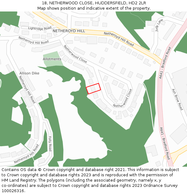 18, NETHERWOOD CLOSE, HUDDERSFIELD, HD2 2LR: Location map and indicative extent of plot