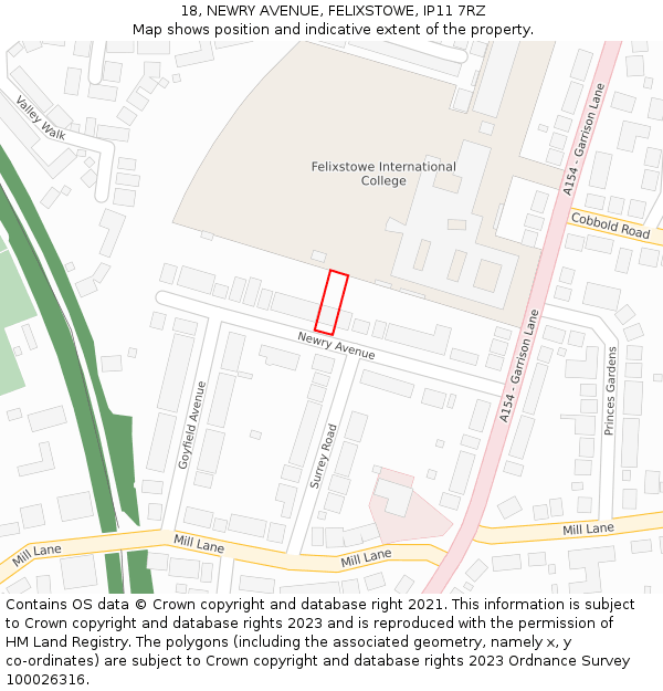 18, NEWRY AVENUE, FELIXSTOWE, IP11 7RZ: Location map and indicative extent of plot