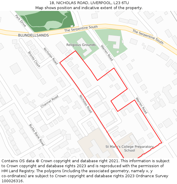 18, NICHOLAS ROAD, LIVERPOOL, L23 6TU: Location map and indicative extent of plot