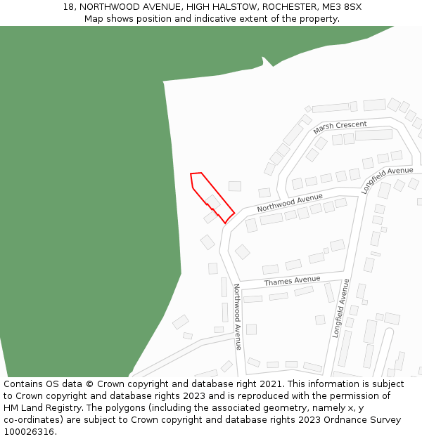 18, NORTHWOOD AVENUE, HIGH HALSTOW, ROCHESTER, ME3 8SX: Location map and indicative extent of plot