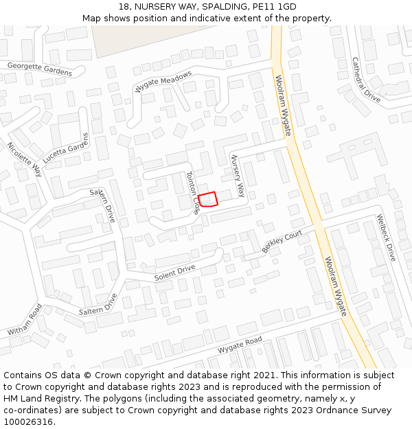 18, NURSERY WAY, SPALDING, PE11 1GD: Location map and indicative extent of plot