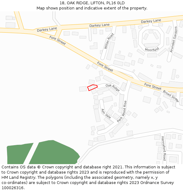 18, OAK RIDGE, LIFTON, PL16 0LD: Location map and indicative extent of plot
