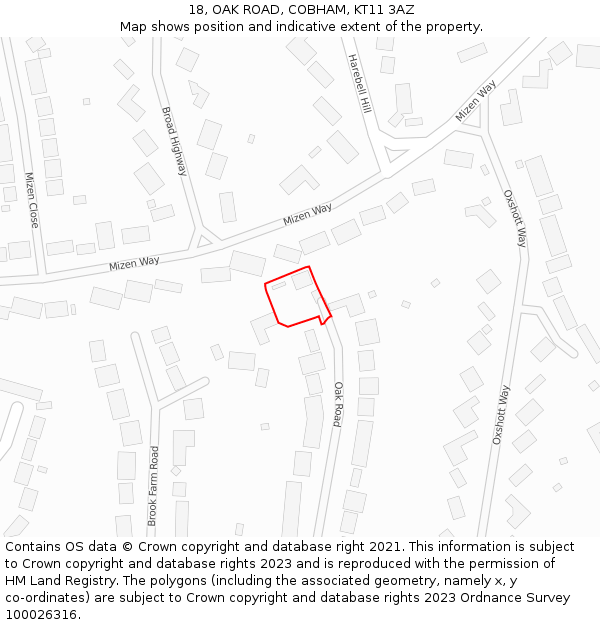 18, OAK ROAD, COBHAM, KT11 3AZ: Location map and indicative extent of plot