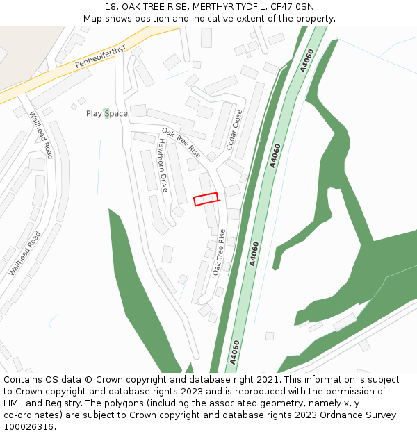 18, OAK TREE RISE, MERTHYR TYDFIL, CF47 0SN: Location map and indicative extent of plot