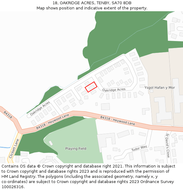 18, OAKRIDGE ACRES, TENBY, SA70 8DB: Location map and indicative extent of plot