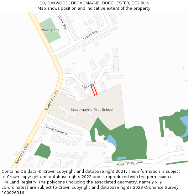 18, OAKWOOD, BROADMAYNE, DORCHESTER, DT2 8UN: Location map and indicative extent of plot