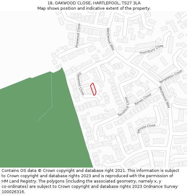 18, OAKWOOD CLOSE, HARTLEPOOL, TS27 3LA: Location map and indicative extent of plot