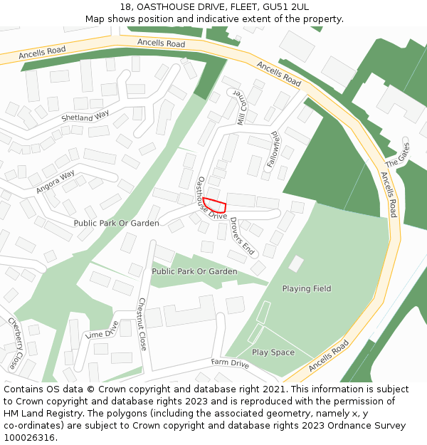 18, OASTHOUSE DRIVE, FLEET, GU51 2UL: Location map and indicative extent of plot