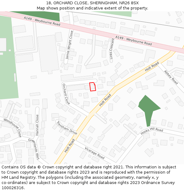 18, ORCHARD CLOSE, SHERINGHAM, NR26 8SX: Location map and indicative extent of plot