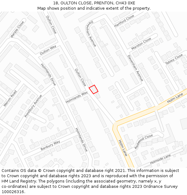 18, OULTON CLOSE, PRENTON, CH43 0XE: Location map and indicative extent of plot