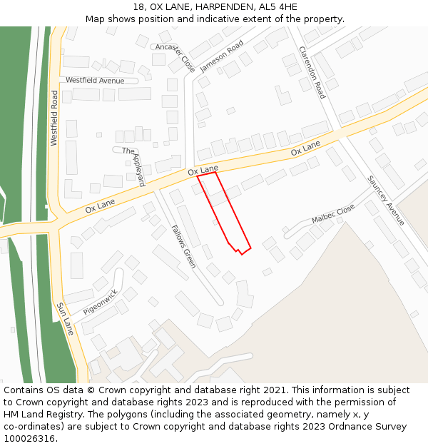 18, OX LANE, HARPENDEN, AL5 4HE: Location map and indicative extent of plot