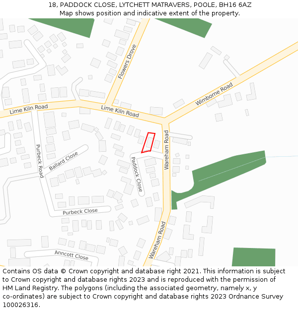 18, PADDOCK CLOSE, LYTCHETT MATRAVERS, POOLE, BH16 6AZ: Location map and indicative extent of plot