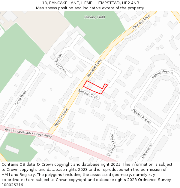 18, PANCAKE LANE, HEMEL HEMPSTEAD, HP2 4NB: Location map and indicative extent of plot