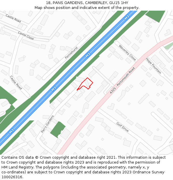 18, PANS GARDENS, CAMBERLEY, GU15 1HY: Location map and indicative extent of plot