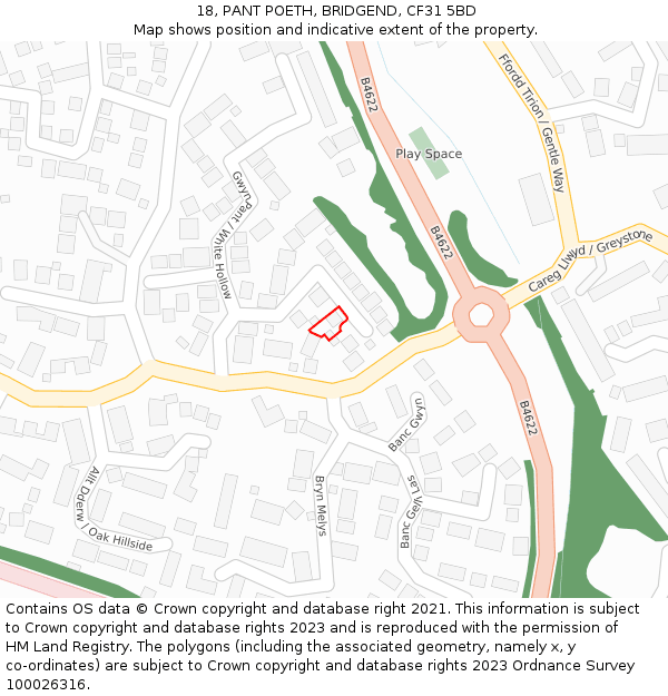 18, PANT POETH, BRIDGEND, CF31 5BD: Location map and indicative extent of plot