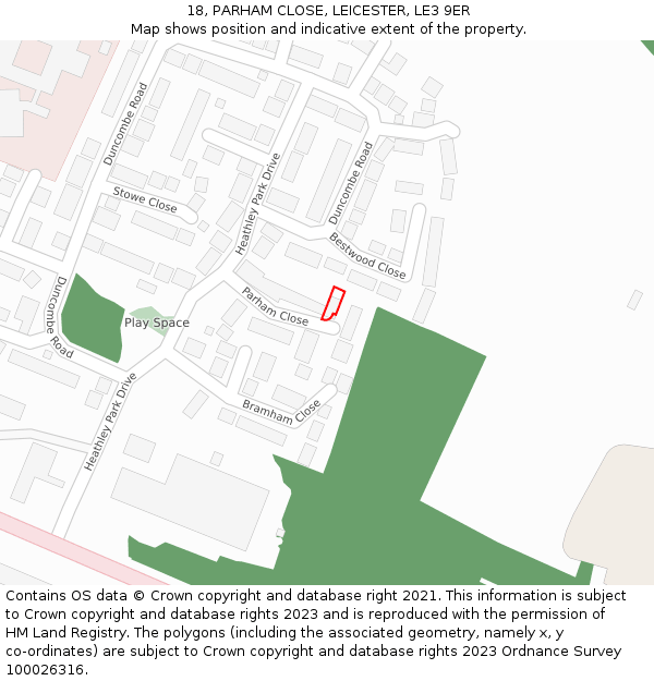 18, PARHAM CLOSE, LEICESTER, LE3 9ER: Location map and indicative extent of plot