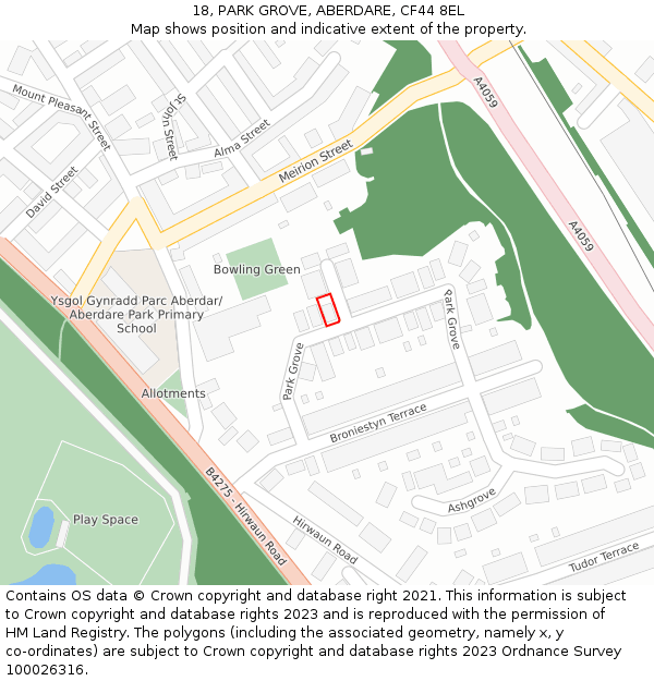 18, PARK GROVE, ABERDARE, CF44 8EL: Location map and indicative extent of plot