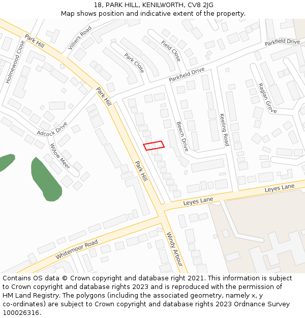 18, PARK HILL, KENILWORTH, CV8 2JG: Location map and indicative extent of plot