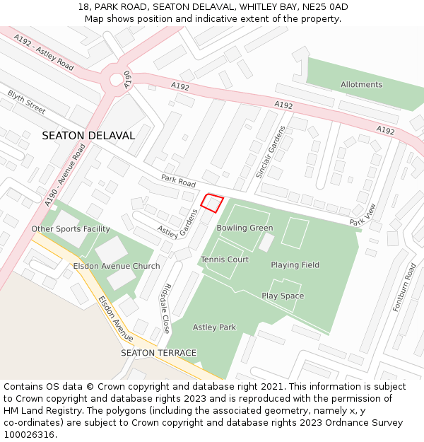 18, PARK ROAD, SEATON DELAVAL, WHITLEY BAY, NE25 0AD: Location map and indicative extent of plot