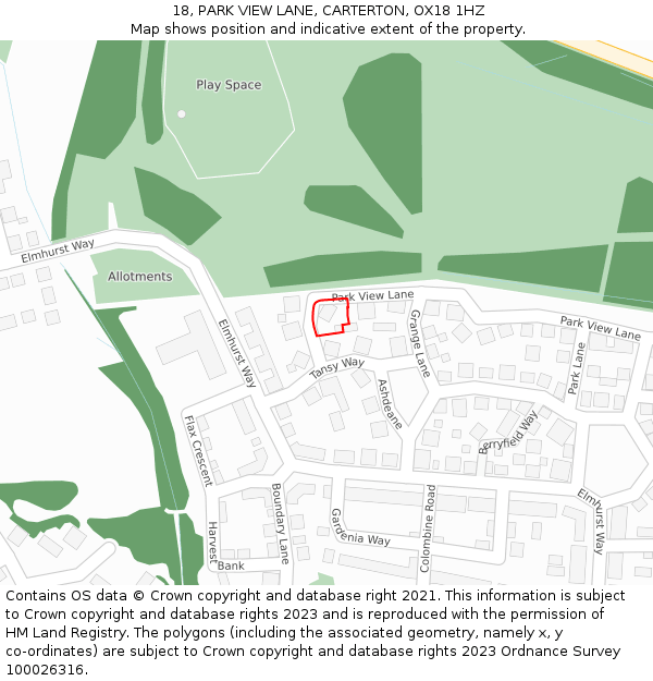18, PARK VIEW LANE, CARTERTON, OX18 1HZ: Location map and indicative extent of plot