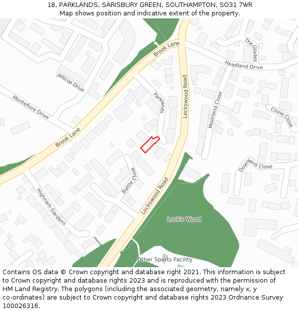 18, PARKLANDS, SARISBURY GREEN, SOUTHAMPTON, SO31 7WR: Location map and indicative extent of plot