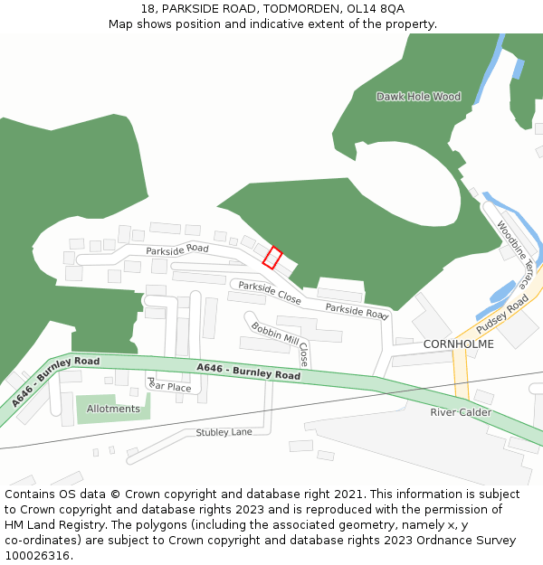 18, PARKSIDE ROAD, TODMORDEN, OL14 8QA: Location map and indicative extent of plot