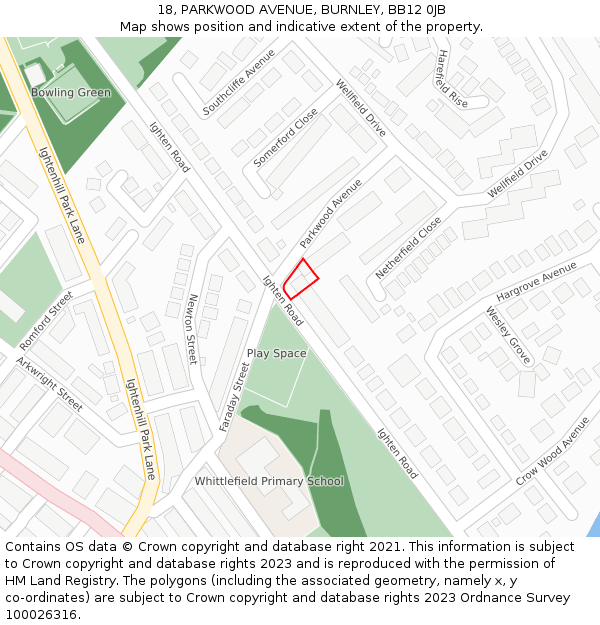 18, PARKWOOD AVENUE, BURNLEY, BB12 0JB: Location map and indicative extent of plot