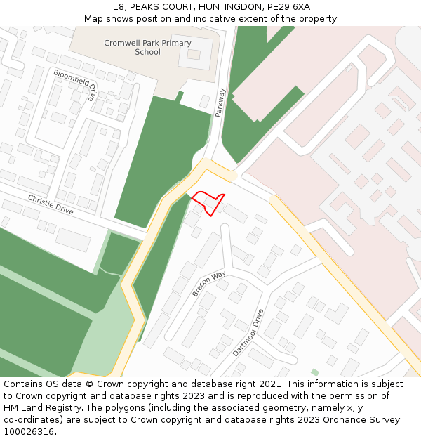 18, PEAKS COURT, HUNTINGDON, PE29 6XA: Location map and indicative extent of plot