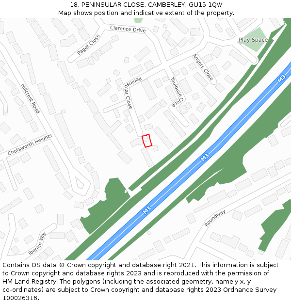 18, PENINSULAR CLOSE, CAMBERLEY, GU15 1QW: Location map and indicative extent of plot