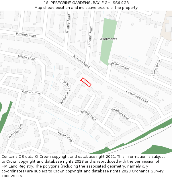 18, PEREGRINE GARDENS, RAYLEIGH, SS6 9GR: Location map and indicative extent of plot