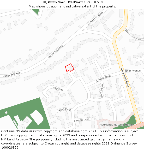 18, PERRY WAY, LIGHTWATER, GU18 5LB: Location map and indicative extent of plot