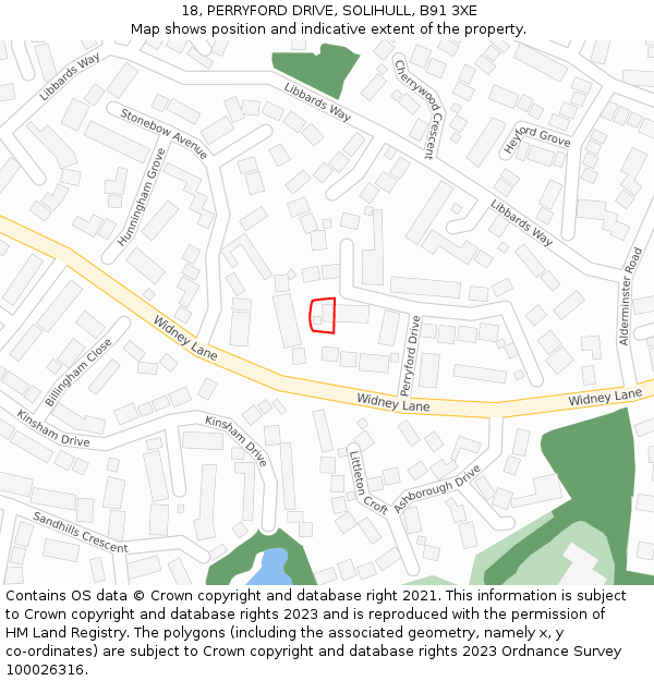 18, PERRYFORD DRIVE, SOLIHULL, B91 3XE: Location map and indicative extent of plot