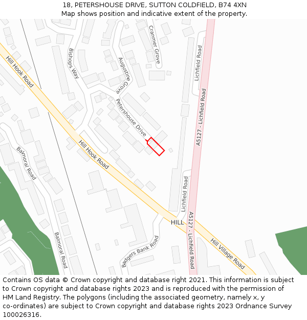 18, PETERSHOUSE DRIVE, SUTTON COLDFIELD, B74 4XN: Location map and indicative extent of plot