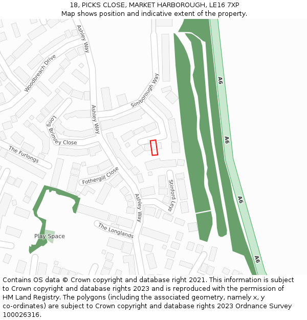 18, PICKS CLOSE, MARKET HARBOROUGH, LE16 7XP: Location map and indicative extent of plot