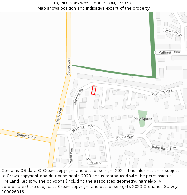 18, PILGRIMS WAY, HARLESTON, IP20 9QE: Location map and indicative extent of plot