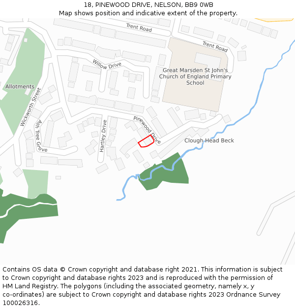 18, PINEWOOD DRIVE, NELSON, BB9 0WB: Location map and indicative extent of plot