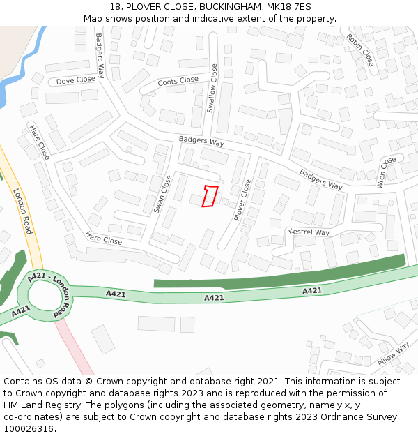 18, PLOVER CLOSE, BUCKINGHAM, MK18 7ES: Location map and indicative extent of plot