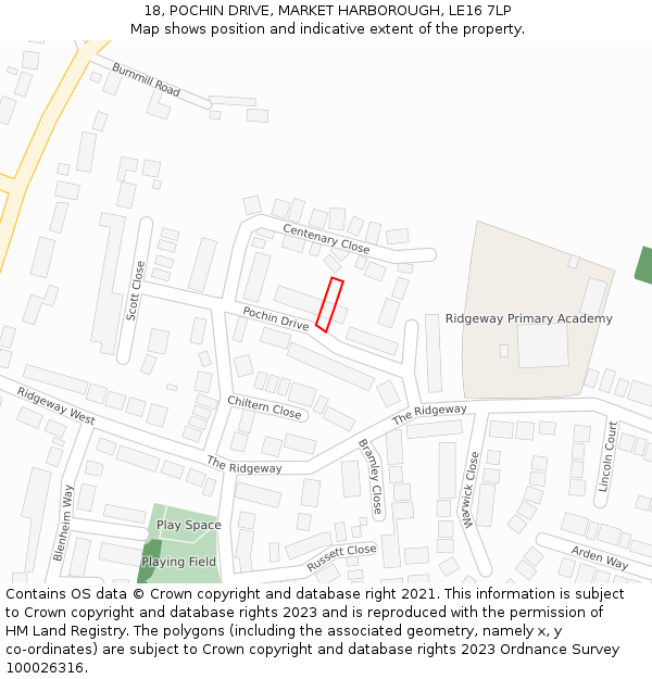 18, POCHIN DRIVE, MARKET HARBOROUGH, LE16 7LP: Location map and indicative extent of plot